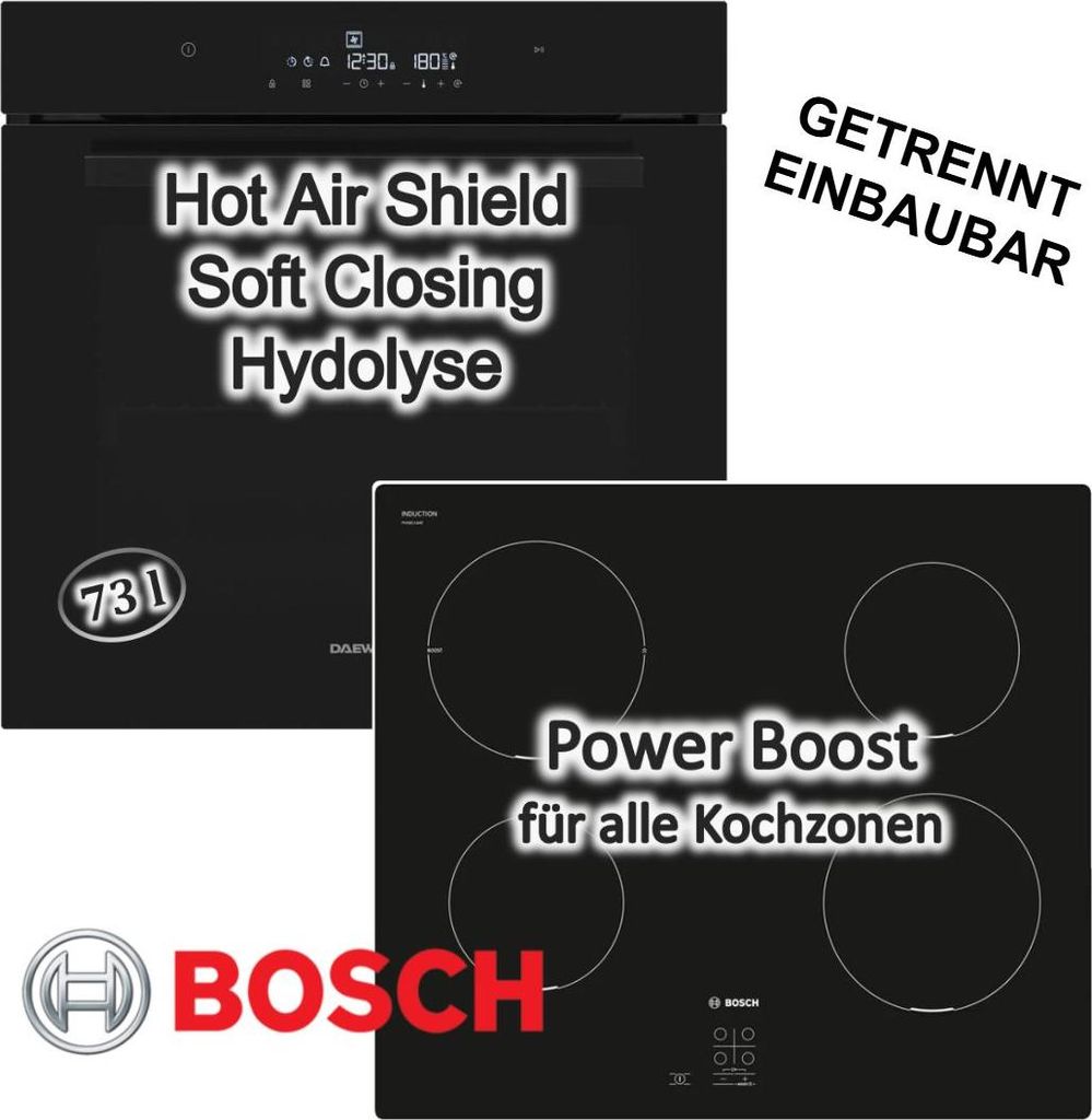 Backofen Set Induktionskochfeld Bosch Schwarz 73 Liter Hydrolyse SoftClose Autark