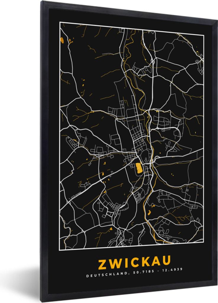 MuchoWow Gerahmtes Poster Stadtplan - Deutschland - Gold - Zwickau - Karte 60x90 cm - Poster mit Schwarzem Bilderrahmen Wandposter Rahmen Foto Bi...