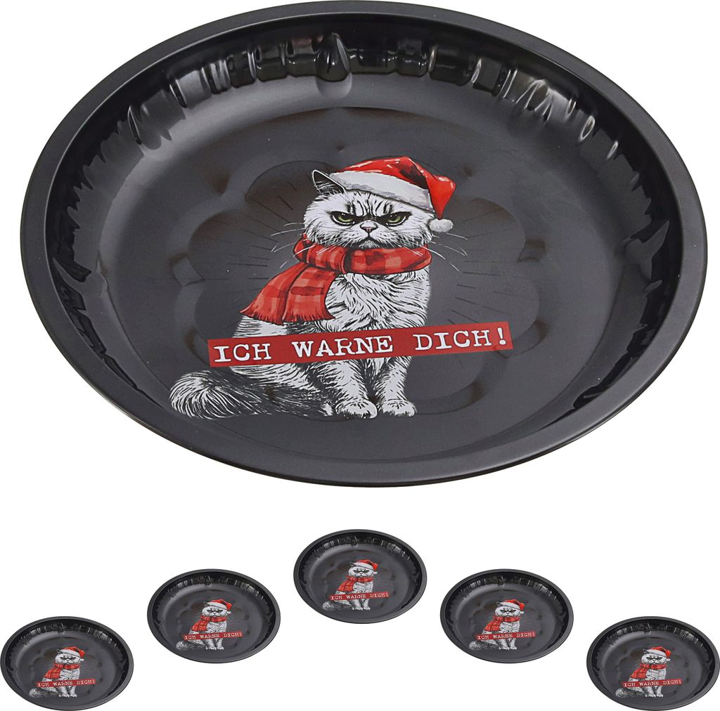 Gebäckteller XMAS CAT 'Ich warne Dich' 6er Set Ø26cm Metall Plätzchenteller Dekoteller Katze im Nikolauskostüm Weihnachten