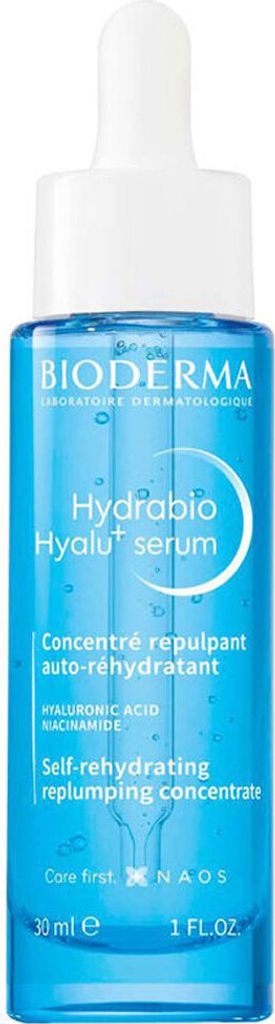 A product shot of a blue serum bottle with a white dropper.