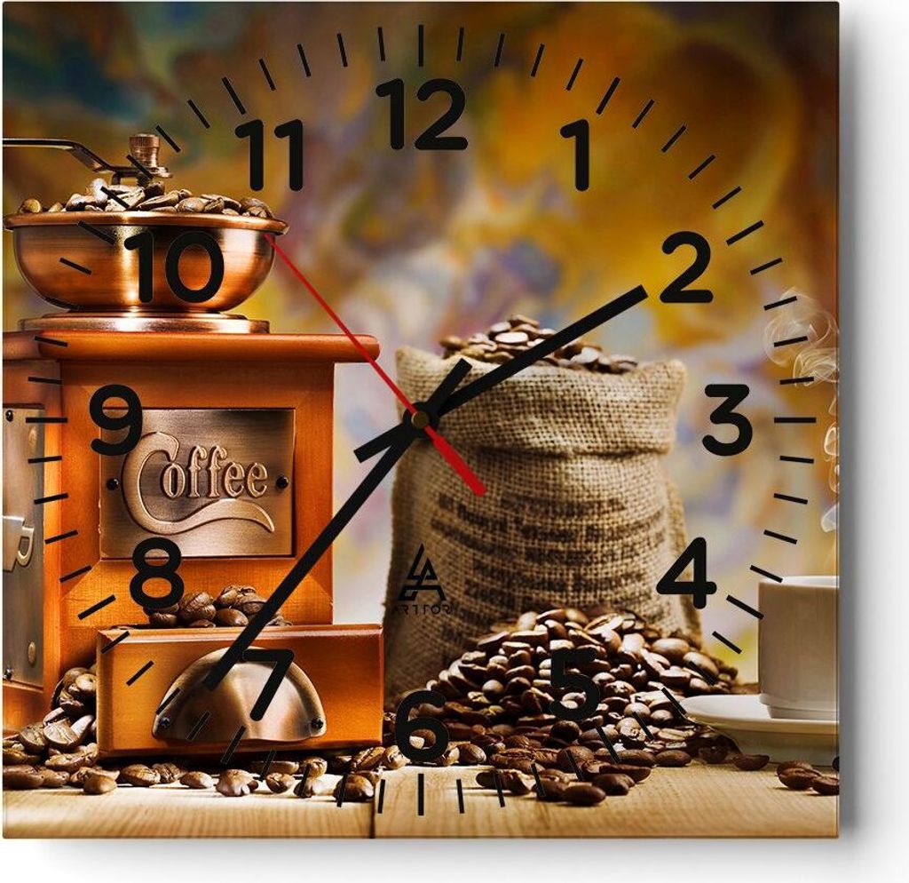 Wanduhr - Quadrat - Glasuhr - Kaffee Körner Mühle Tasse - 40x40cm - Schleichendes Uhrwerk - Lautlos - zum Aufhängen bereit - Dekoration Modern -...
