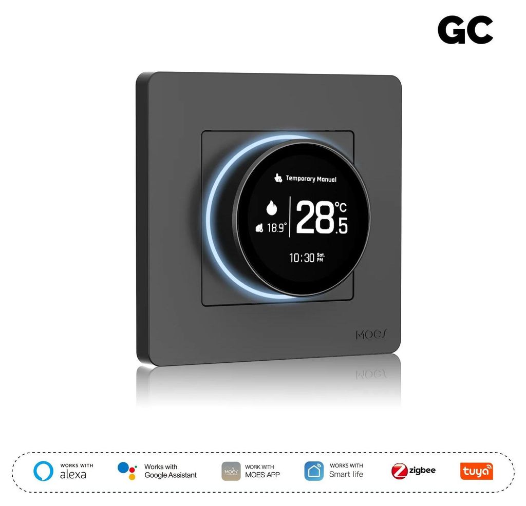 Smart Thermostat Ring - Drehknopf Raumthermostat für wassergeführte Gastherme - LED-Digitalanzeige - App-Steuerung per Bluetooth - AC/DC-Stromver...