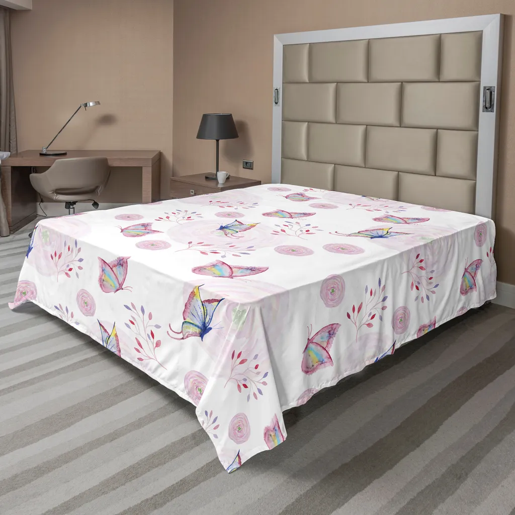 Drap plat pour chambre romantique thème papillon blanc rose doux