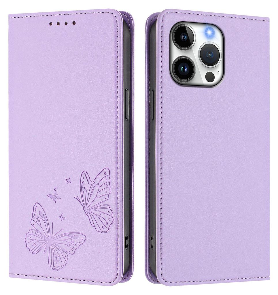 Lederhülle für iPhone 16 Pro Max, Schmetterling Prägung Leder Brieftasche Schutzhülle mit Ständer Violett