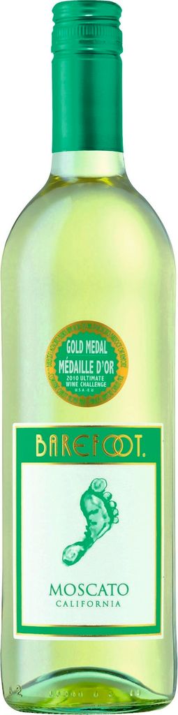 A bottle of Barefoot Moscato wine against a white background.