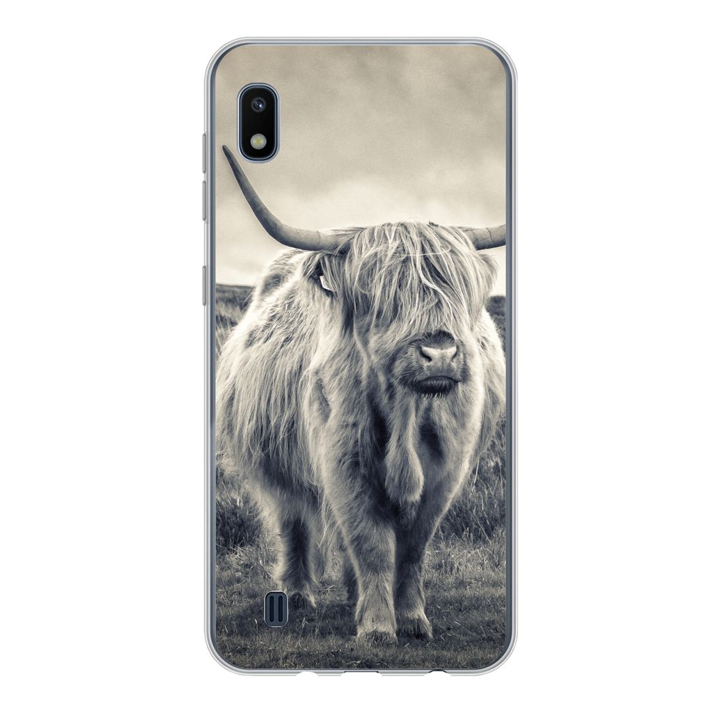 MuchoWow Handyhülle Schutzhülle Hülle für Samsung Galaxy A10 Schottischer Hochländer - Tiere - Wolken - Kuh - Natur Silikon Softcase Handy H...