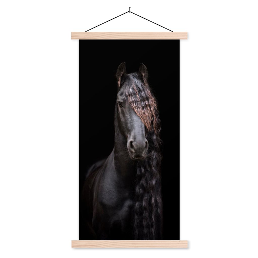 MuchoWow Textilposter Pferde - Friesisch - Mähne - Schwarz - Tiere 40x80 cm mit holzfarbenen Rahmen - Wohnzimmer