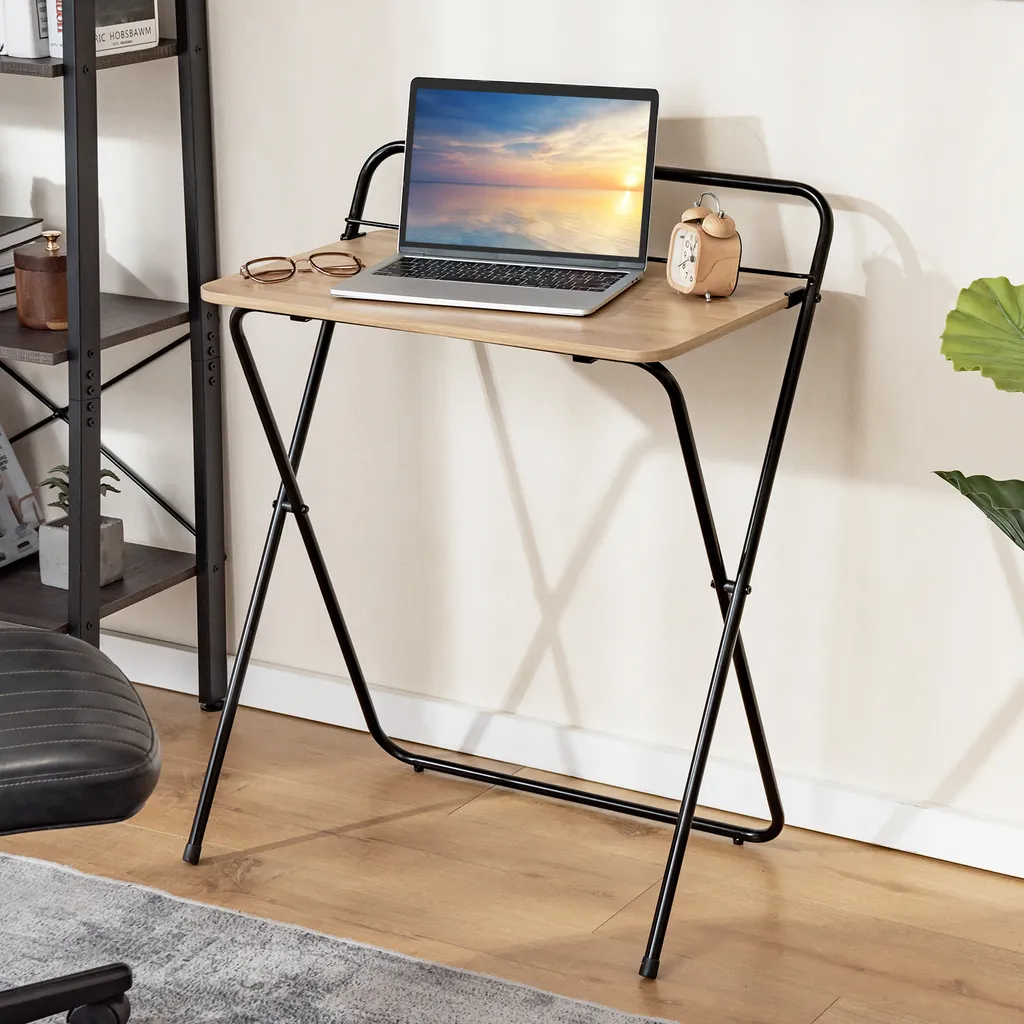 COSTWAY Table d'ordinateur pliante nature, Bureau compact avec support