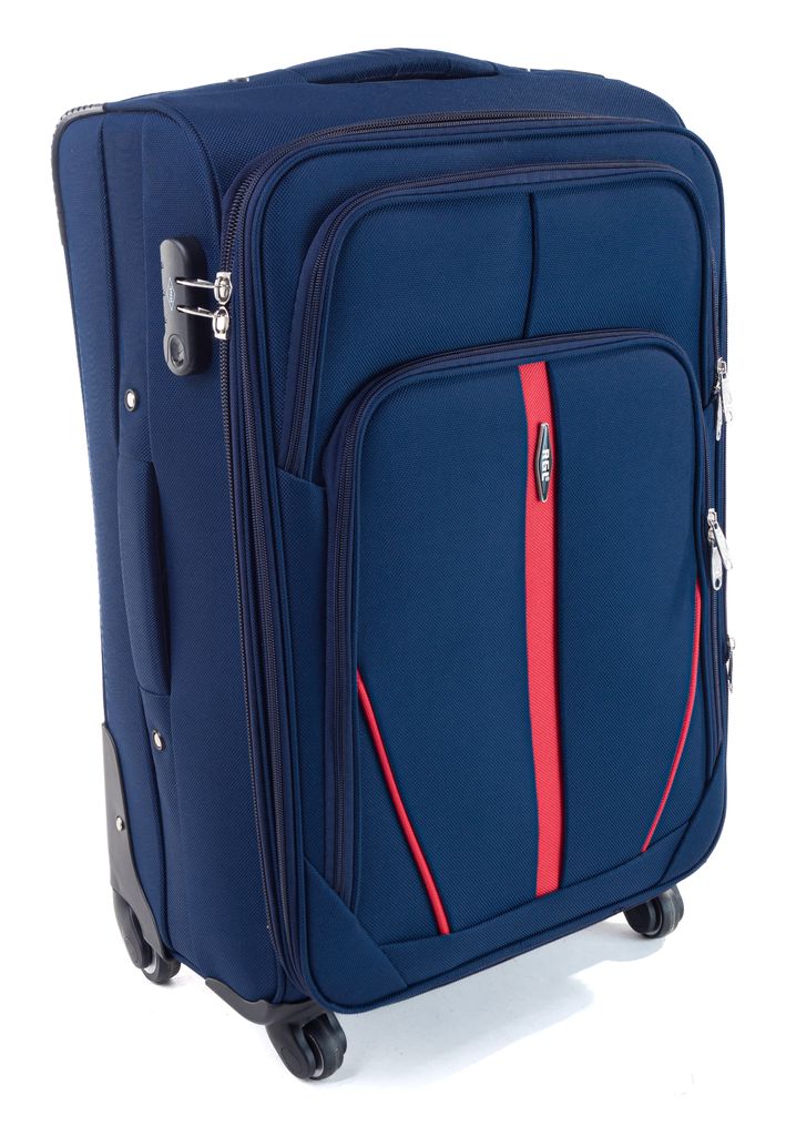 A dark blue suitcase with red accents, shown from a three-quarter angle on a white background.