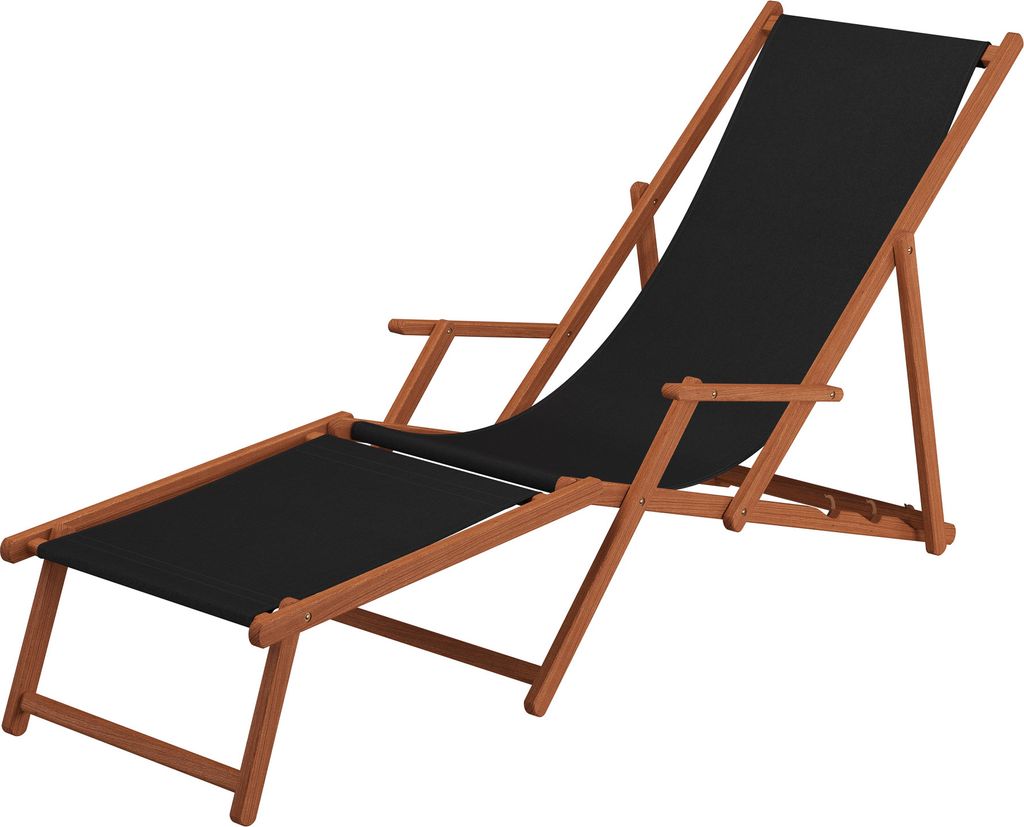 Liegestuhl Sonnenliege schwarz Fußablage Kissen Gartenliege Holz Deckchair Gartenmöbel 10-305FKD