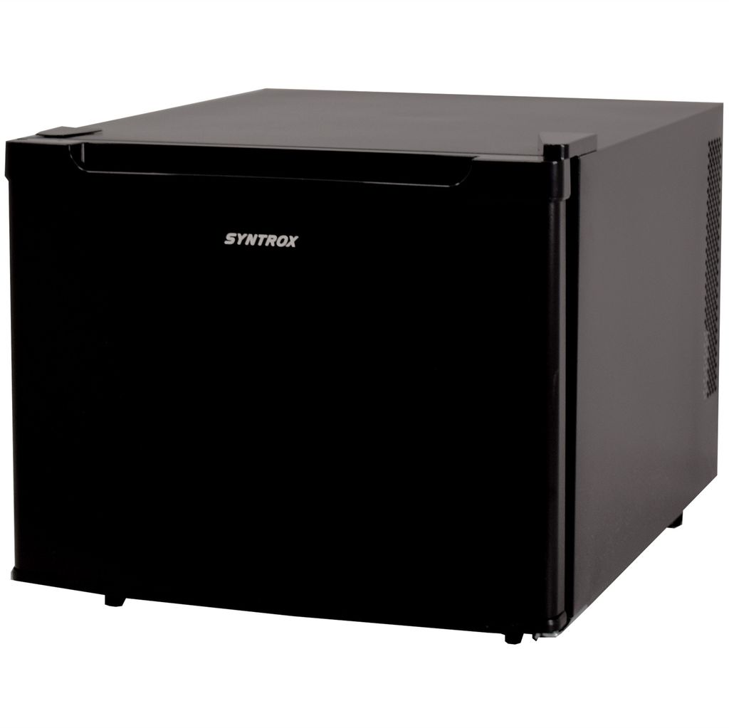 A black mini-refrigerator is shown against a white background.