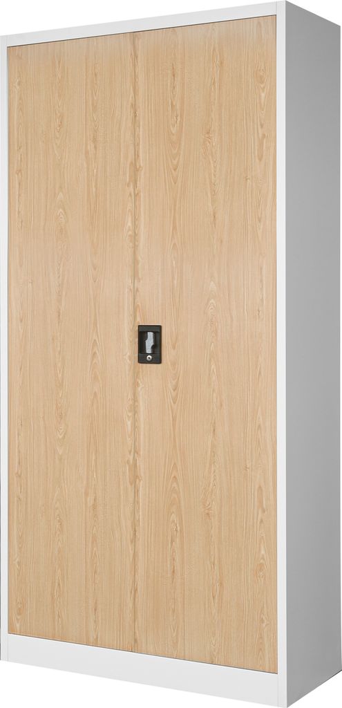 A closed, light wood-grain metal cabinet with a white frame.