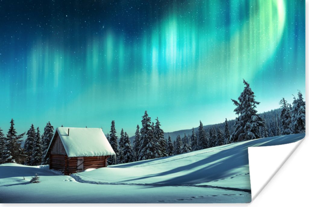 MuchoWow Poster Nordlichter - Schnee - Haus - Winter 60x40 cm - Schlafzimmerdekoration