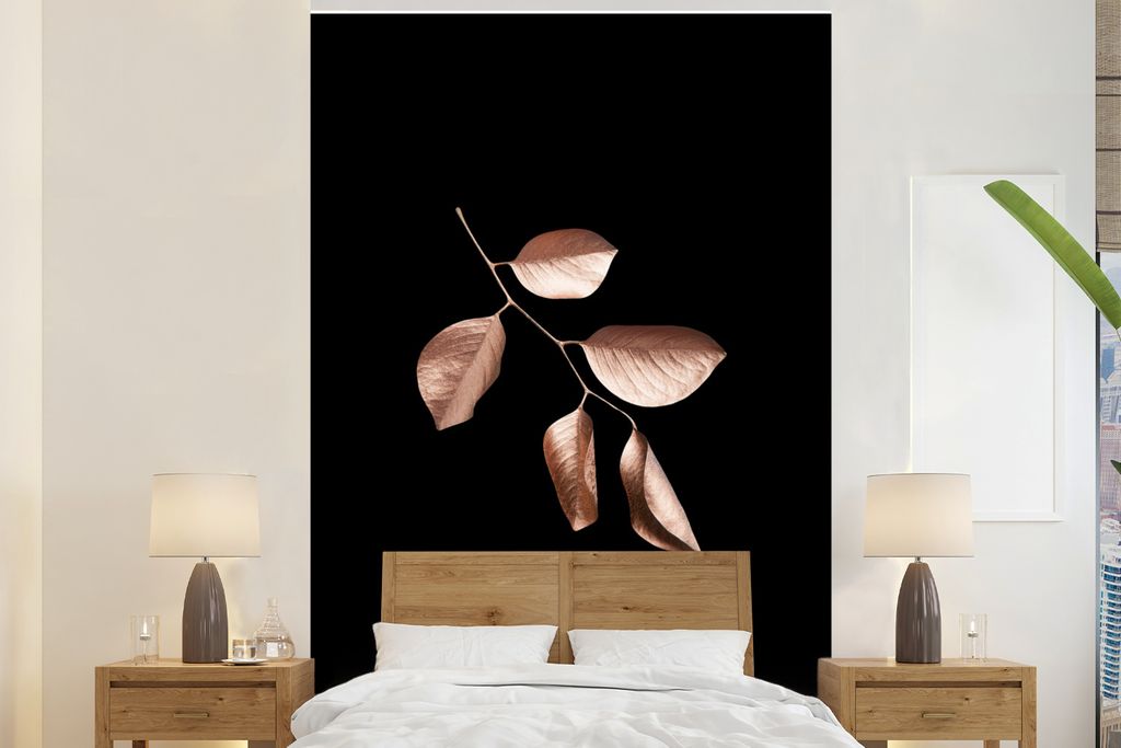 MuchoWow Fototapete für Wohnzimmer oder Schlafzimmer Wandtapete Vinyl Motivtapete Zweig - Roségold - Blätter - 170x260 cm - Wohnzimmertapete