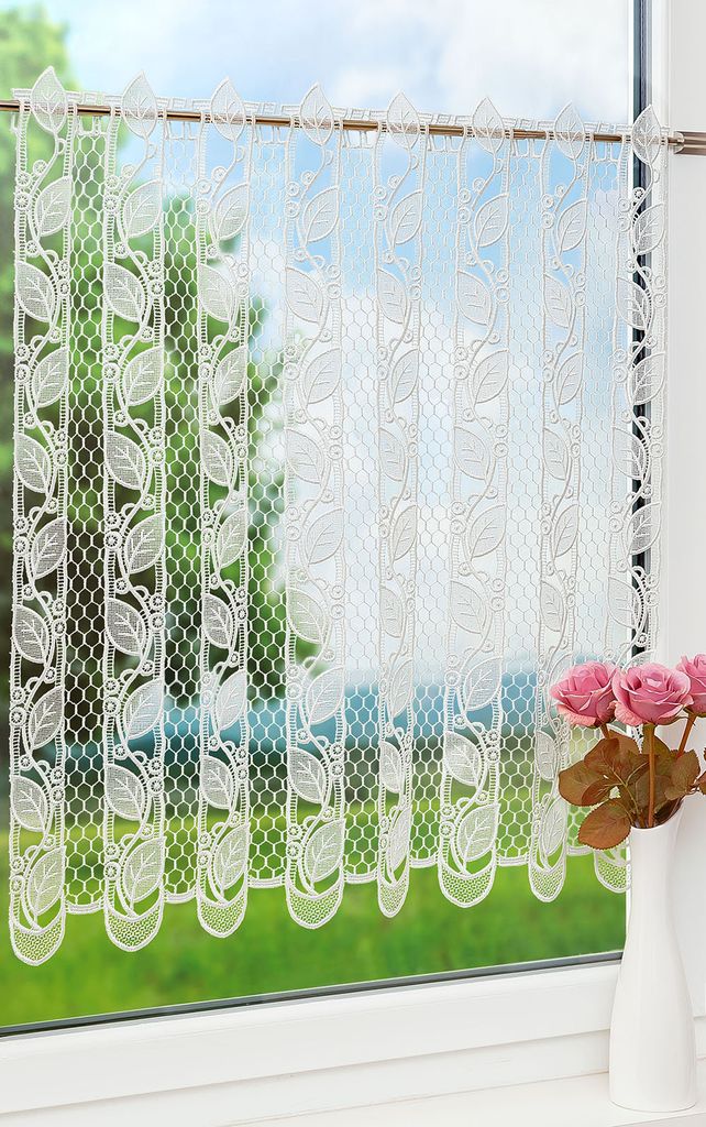 Plauener Spitze Scheibengardine Blumenspitze #1W – 73,5x32 Cm, 100% Polyester, Transparent, Für Stangen, Waschbar Bei 40°C