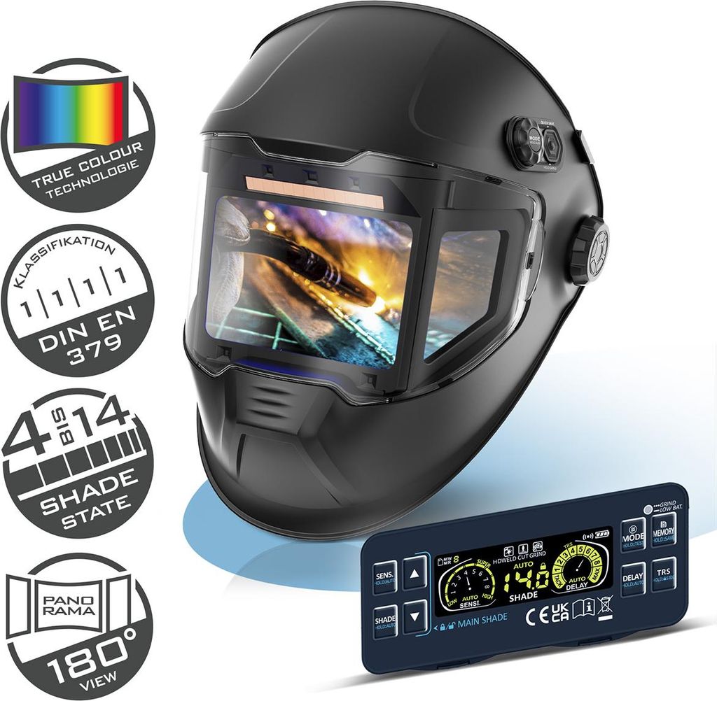 STAHLWERK Automatik-Schweißhelm 3 in 1 SPLIT – True-Colour, autom. Abdunkelung DIN 4-14, optische Klasse 1/1/1/1, Jobspeicher, 180° Sichtfeld 1...