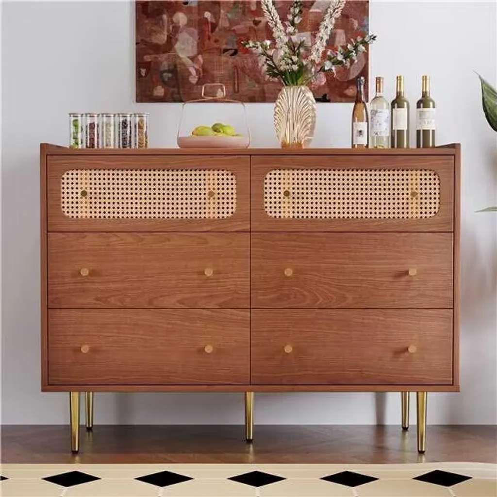 Commode en rotin 6 tiroirs noyer 120x90x40 cm avec étagère réglable