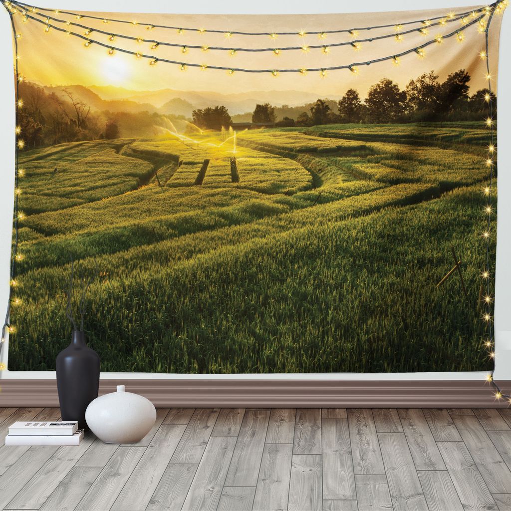 ABAKUHAUS Natur Wandteppich, Gersten-Holz-Sonnenuntergang, Wohnzimmer Schlafzimmer Heim Seidiges Satin Wandteppich, 200 x 150 cm, Gelb Grün