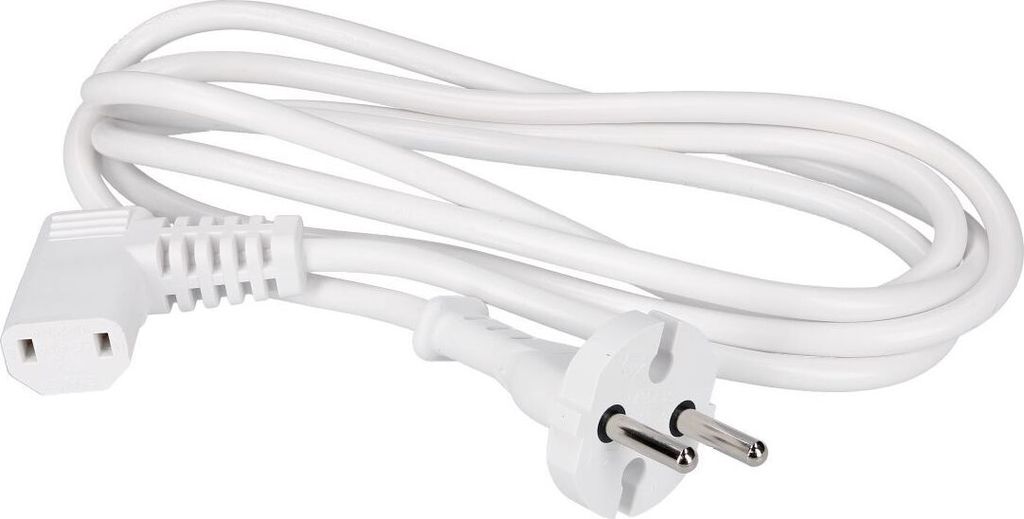 A white power cord with two different plugs.