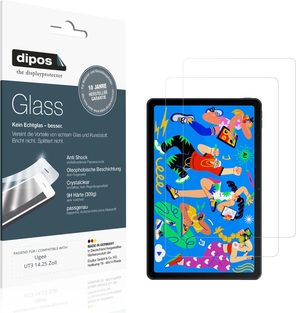 2x Schutzfolie für Ugee UT3 14.25 Zoll - Anti-Shock 9H Folie dipos Glass Kunststoffglas