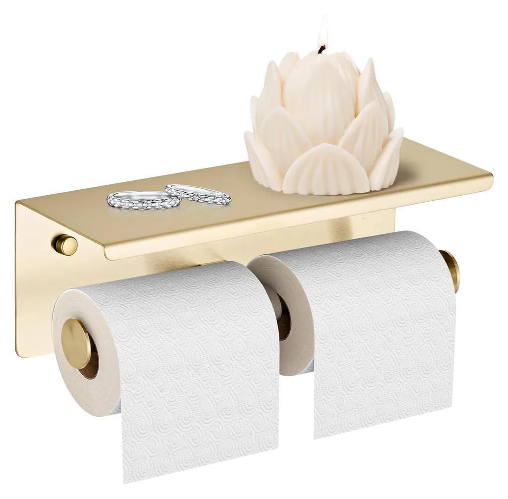 Porte-papier toilette double anti-rouille or brossé avec étagère fixe
