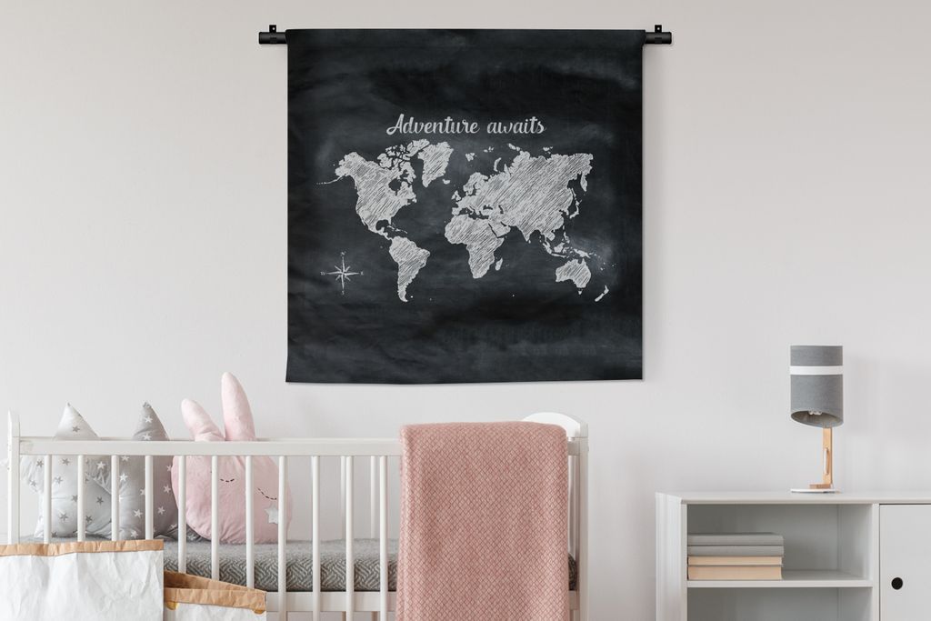 MuchoWow Wandteppich Wandbehang Weltkarte - Wandtafel - weiß 90x90 cm Tapisserie Dekoration Wandtuch - Wandaufhänger