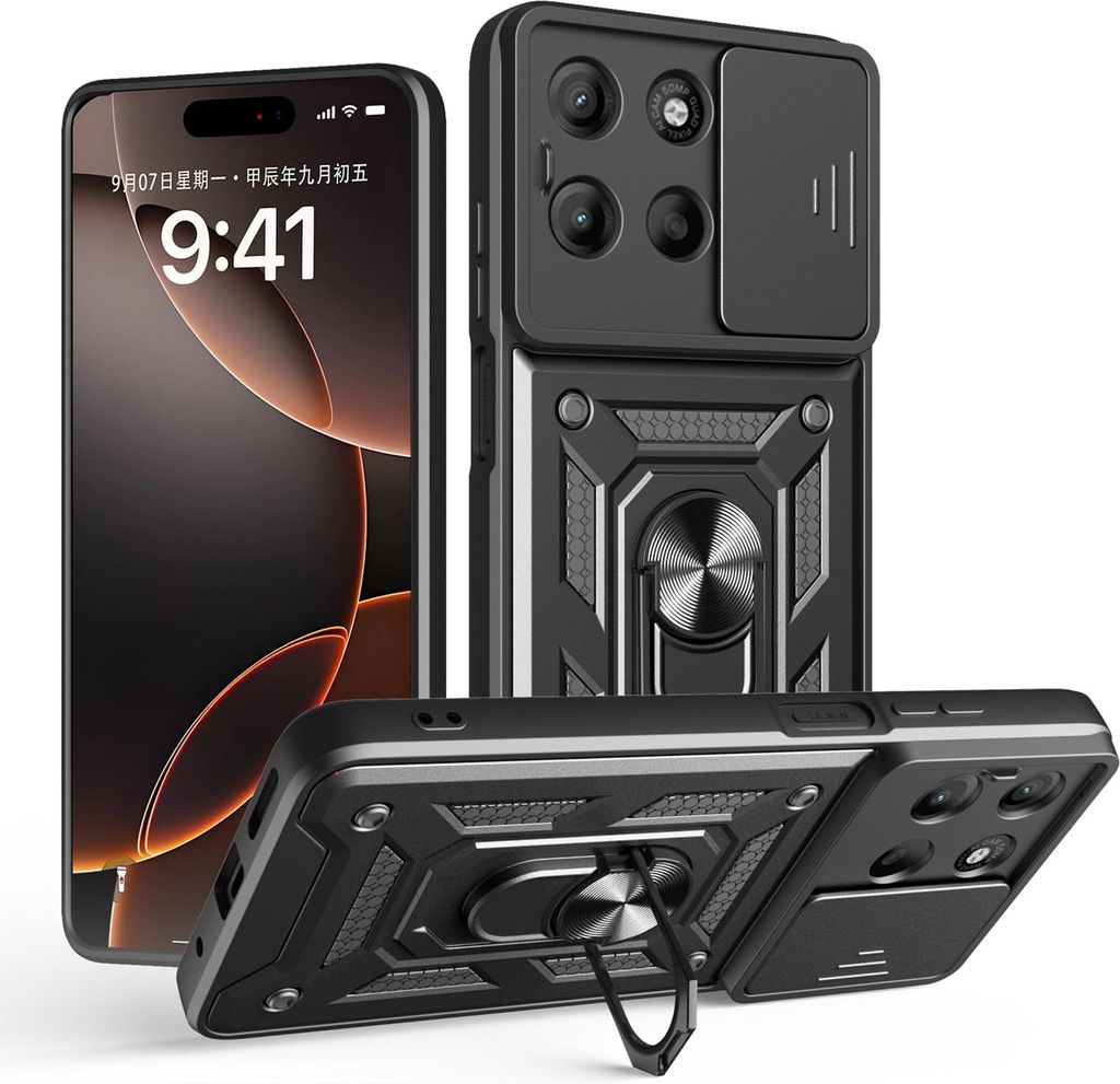 Outdoor Panzer Hülle für Motorola Moto G17 Handyhülle mit Kameraschutz Ringhalter Schwarz