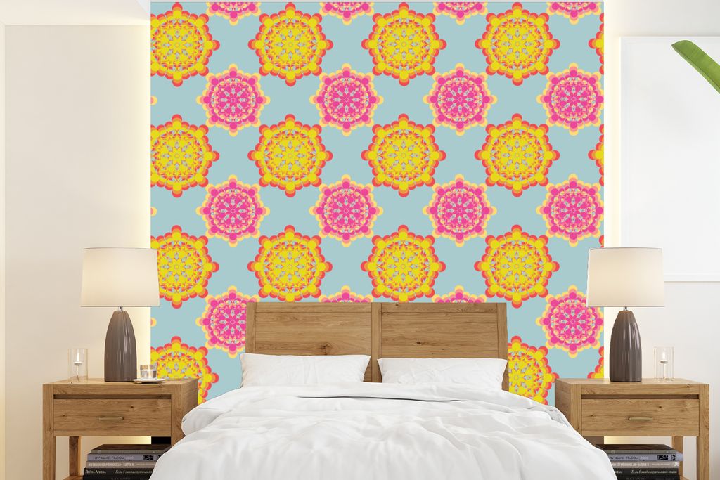 MuchoWow Fototapete für Wohnzimmer oder Schlafzimmer Wandtapete Vinyl Motivtapete Flower Power - Design - Hippie - 220x240 cm - Wohnzimmer-Tapete