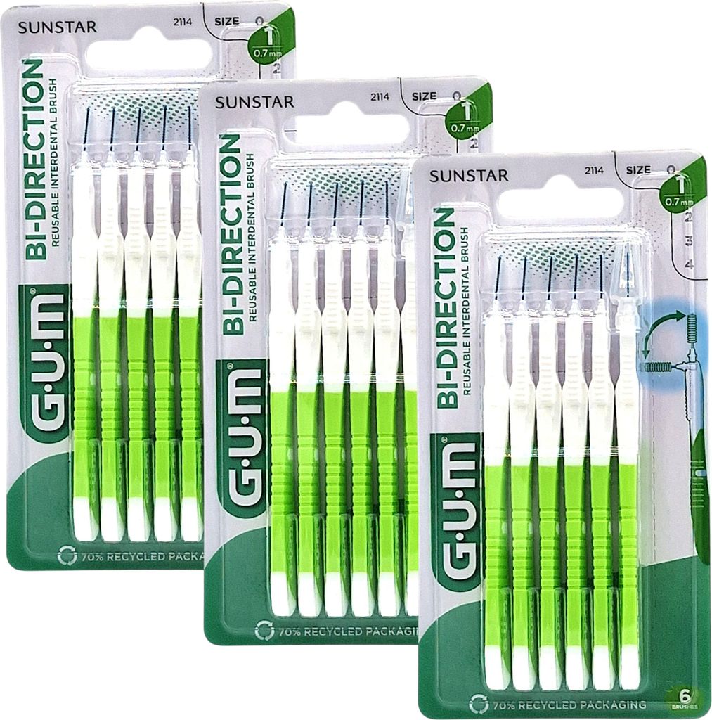 3x GUM Bi-Direction Small - Interdentalbürsten grün 0,7 mm - 3x 6 Stück
