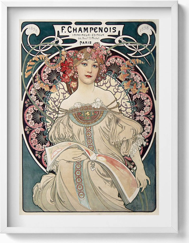 Illustration einer Frau - Alphonse Mucha– Wandbild mit Rahmen – Gerahmtes Bild – Wanddekoration – 60x80 cm – Weiß Rahmen