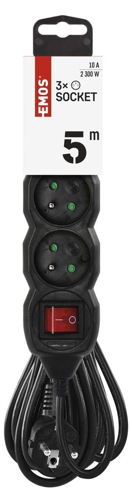 Prodlužovací kabel 5 m / 3 zásuvky / s vypínačem / černý / PVC / 1 mm2