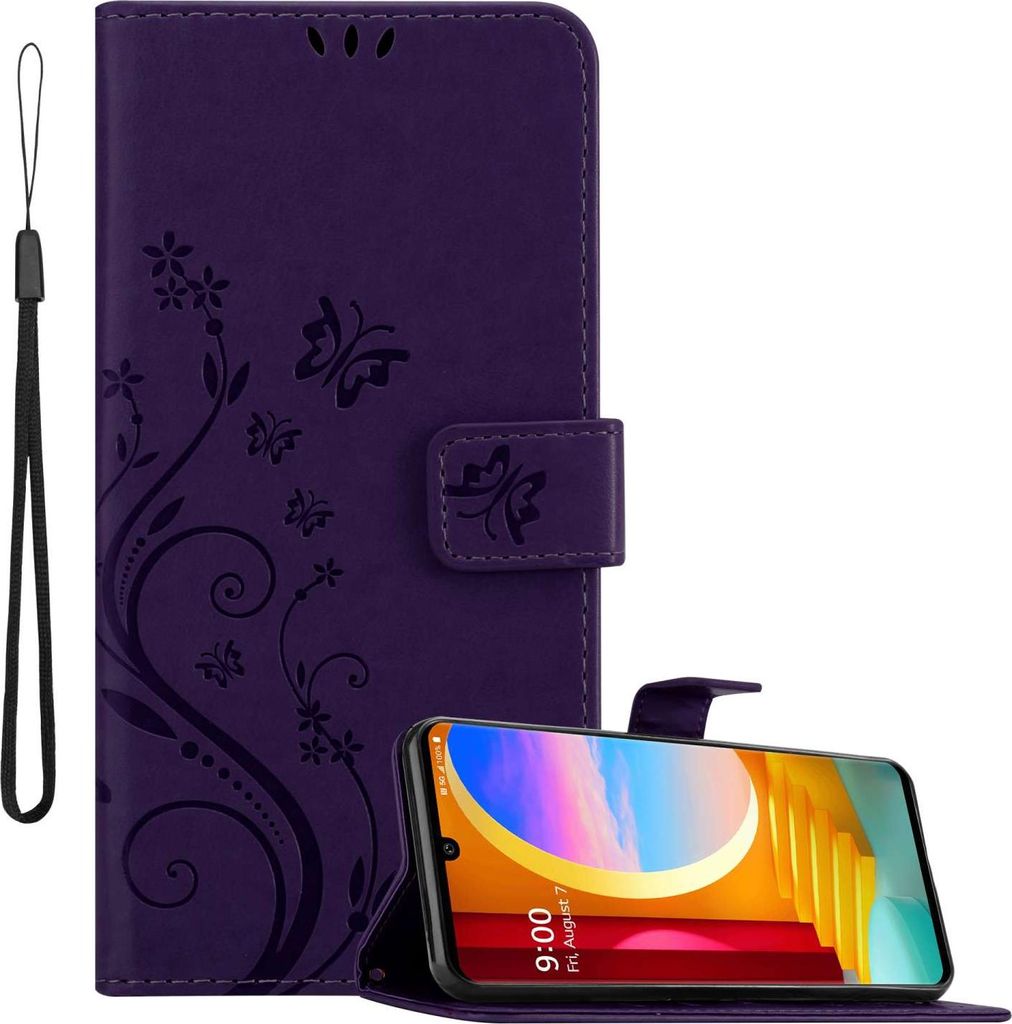 Cadorabo Hülle für LG Velvet in FLORAL DUNKEL LILA Schutzhülle im Blumen Design mit Magnetverschluss, Standfunktion und Kartenfächern Flip Case...