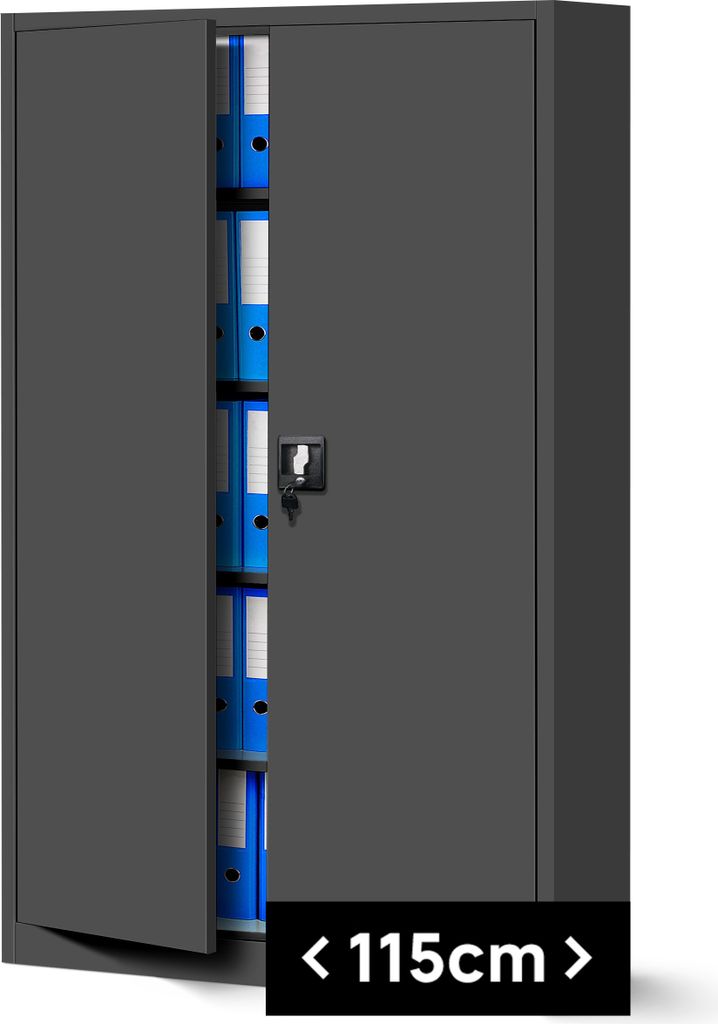 A dark gray metal filing cabinet with its doors open, revealing several blue binders on shelves. There is a key in the lock.