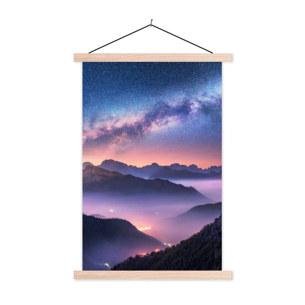 MuchoWow Textilposter Berge - Sternenhimmel - Nebel 40x60 cm mit holzfarbenen Rahmen - Poster
