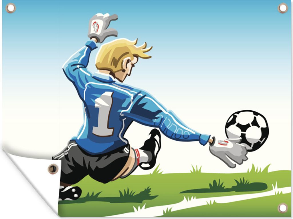 MuchoWow 40x30 cm Outdoor-Poster Gartendeko Sichtschutz Garten Poster für den Garten Eine Illustration eines Torwarts, der den Fußball stoppt -...