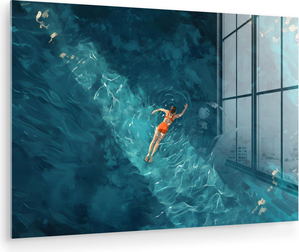 MuchoWow Glasbilder - Bilder auf Wandbild - Foto auf Glas Frau - Wasser - Bikini - Orange 30x20 cm Wanddekoration aus Glas - Acrylglasbild - Acrylb...