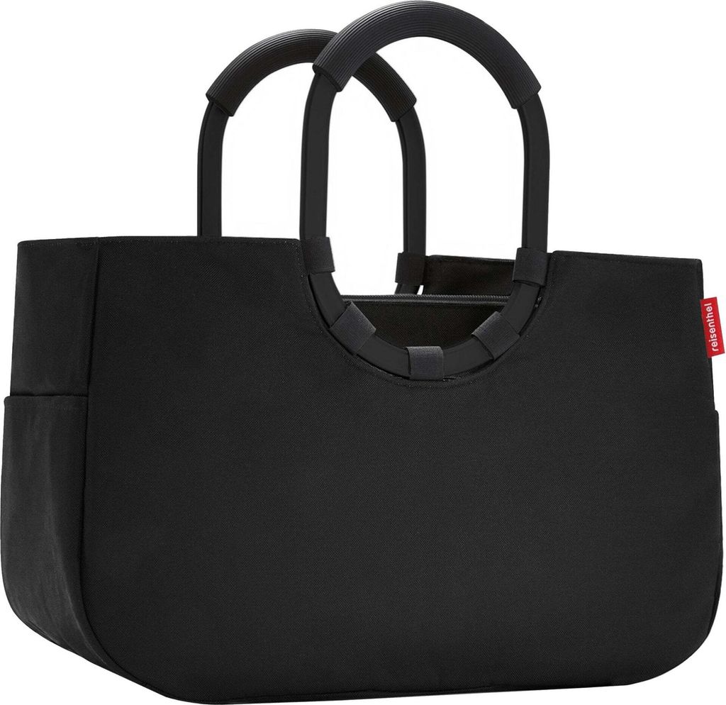 A black reisenthel shopping bag with rounded handles is shown against a white background.