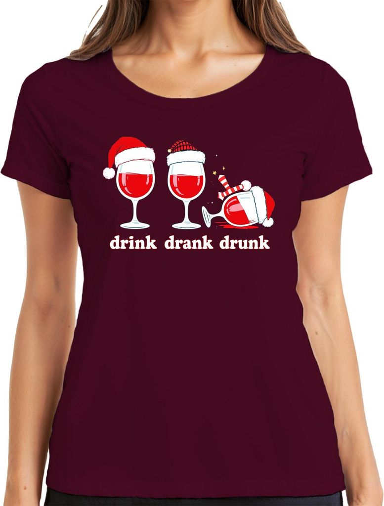 drink drank drunk Wein Weihnachten lustig Geschenk Weinliebhaber Damen T-Shirt, Burgundy, 3XL