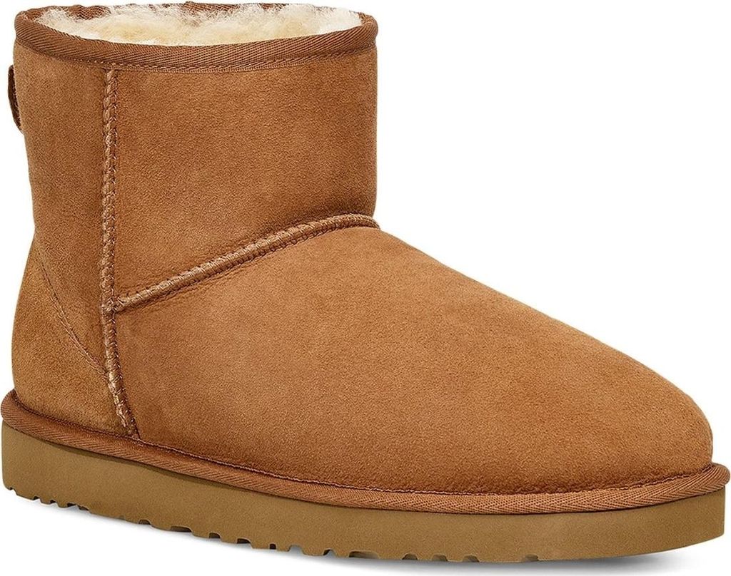 A single brown Ugg boot is shown from a side-diagonal angle against a white background.