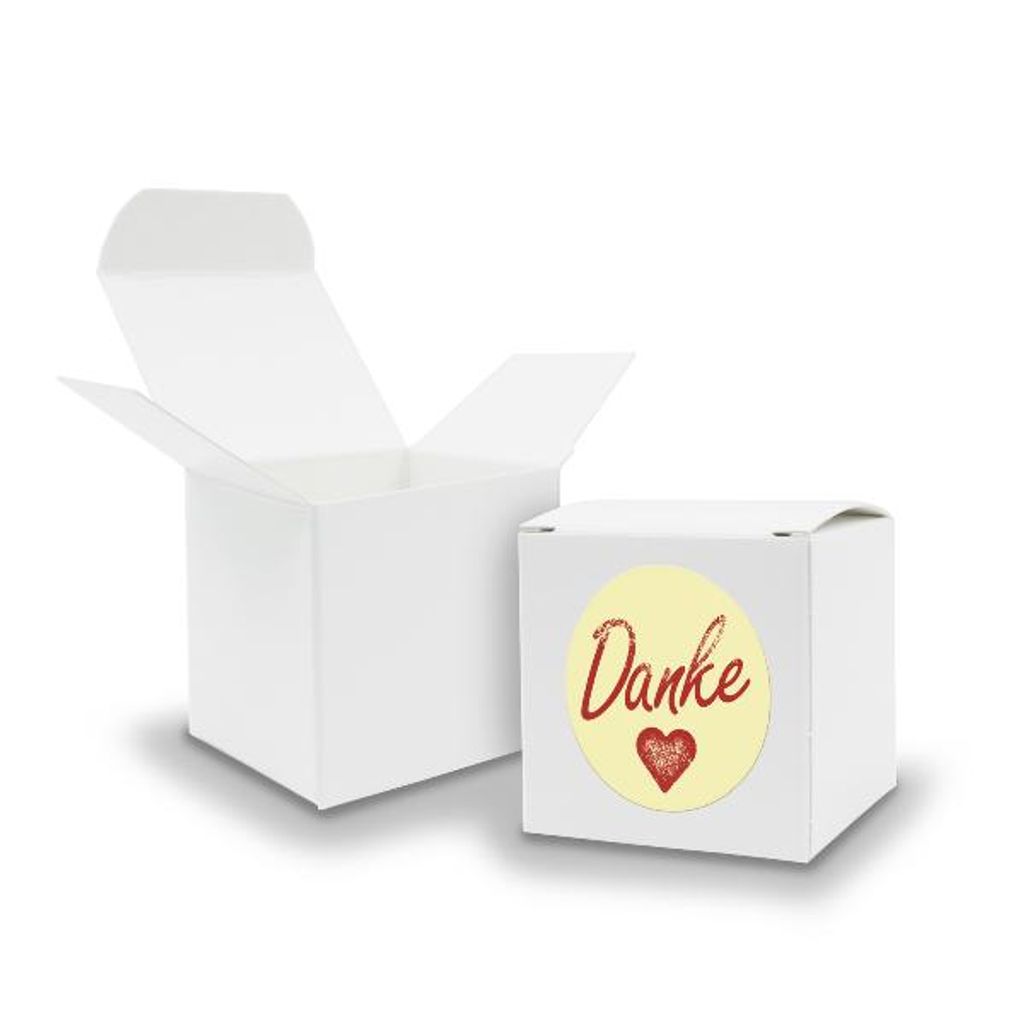 SET DANKE (Motiv1) 24xFaltschachtel Würfel 6,5cm weiß + Sticker