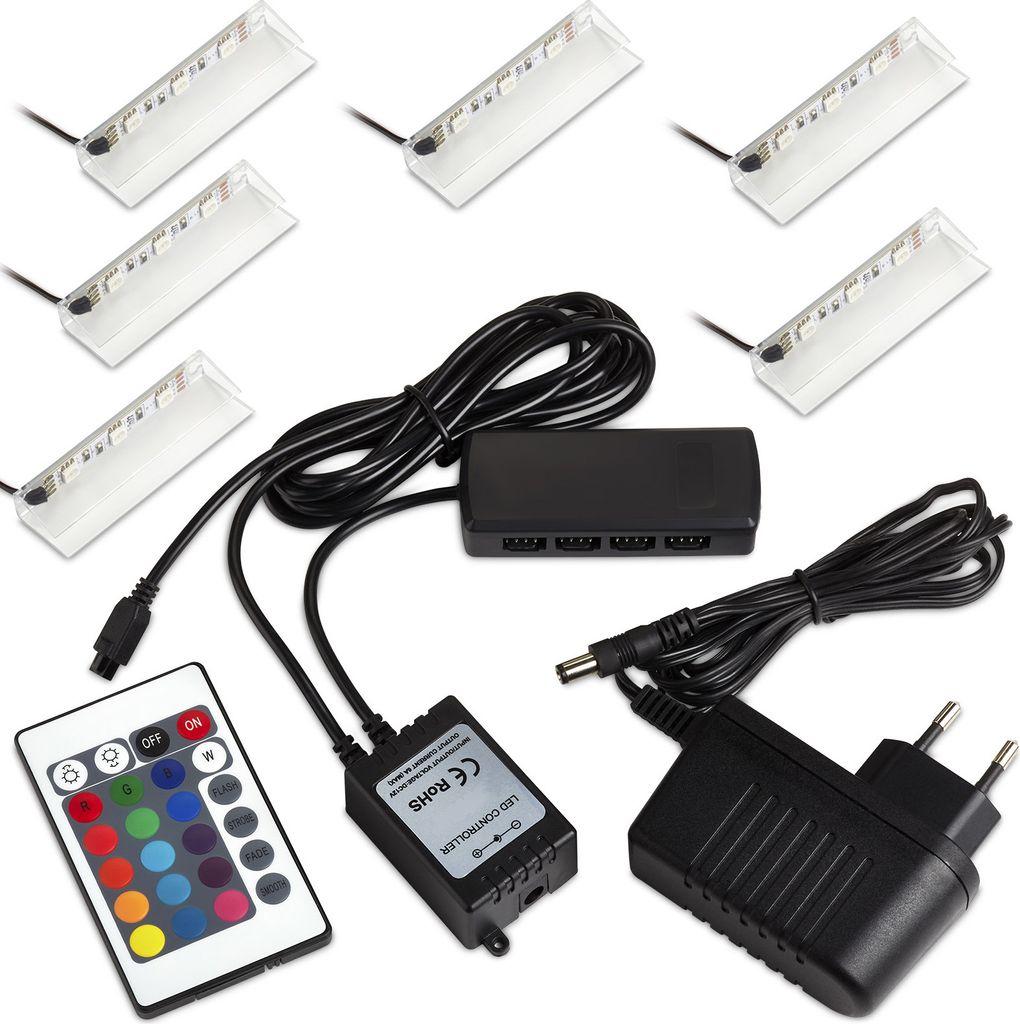 6er Set RGB LED Farbwechsel Glasbodenbeleuchtung Clips inkl. Multi-Funktion Fernbedienung und Netzgerät Schrankbeleuchtung Glaskantenbeleuchtung v...