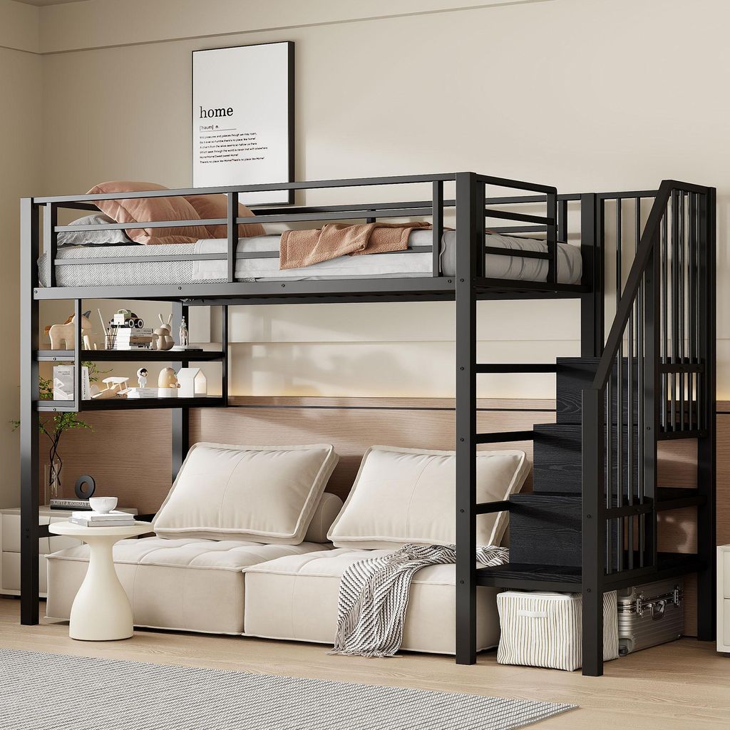 A loft bed with a sofa underneath, set up in a bedroom.