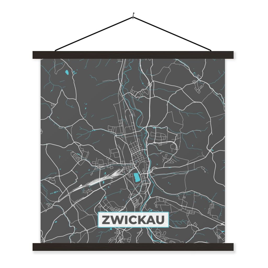 MuchoWow Textilposter Deutschland - Blau - Zwickau - Stadtplan - Karte 90x90 cm mit schwarzem Rahmen - Magnetisches