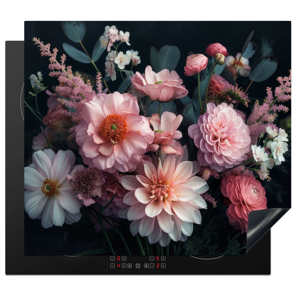 KitchenYeah Herdabdeckplatte Blumen - Rosa - Natur , 58x51cm, Küche Deko, Glaskeramikkochfeld Herdabdeckung, Abdeckplatte fùr Kochfeld