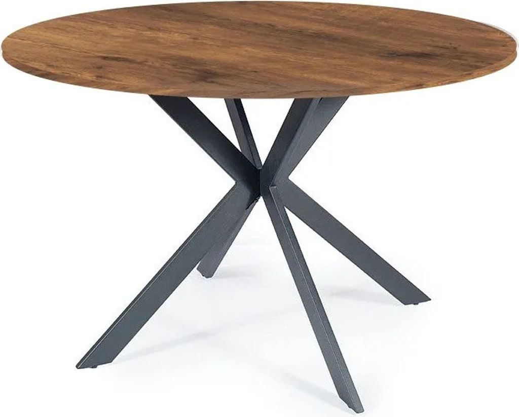 A round dining table with a wooden top and a dark metal base.