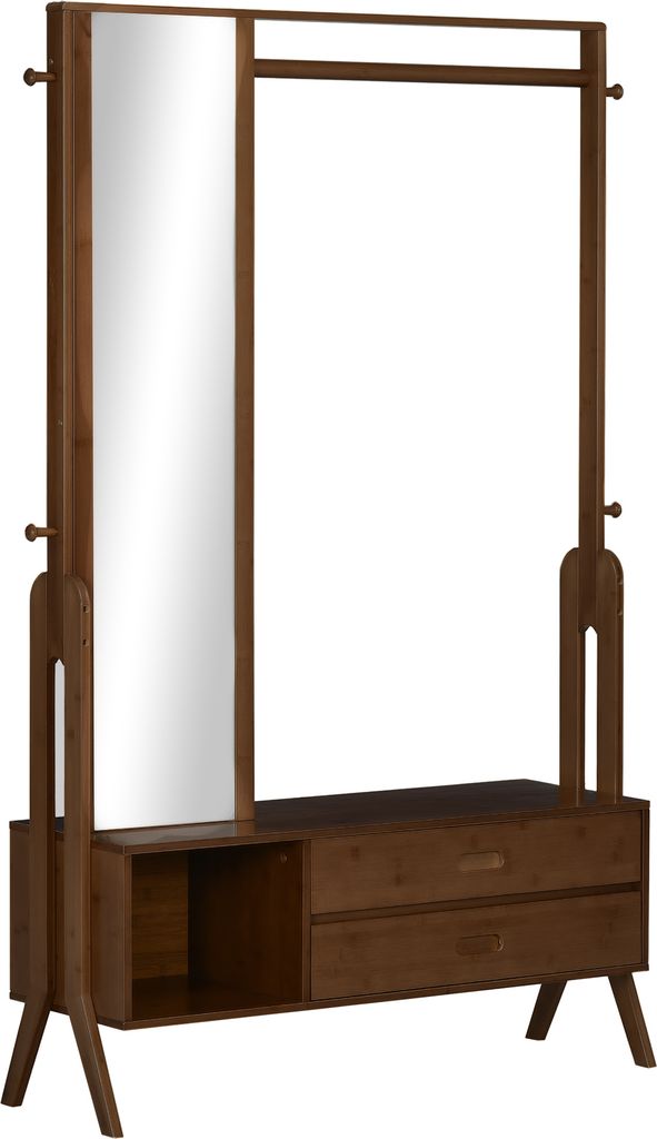 HOMCOM Bambus-Garderobe mit Bank, freistehender Garderobenst?nder fš¹r Kleidung mit Spiegel, 4 Hakenleiste, 2 Schubladen und Ablagefach fš¹r Sc...