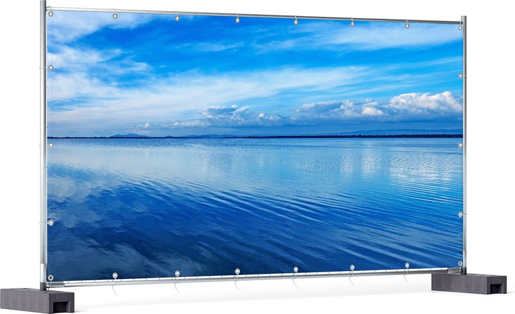Wallario XXL Outdoor-Poster für Garten oder Balkon, Motiv Blaue Meeresbucht in Italien mit Spiegelung im Wasser, in ca. 340 x 173 cm
