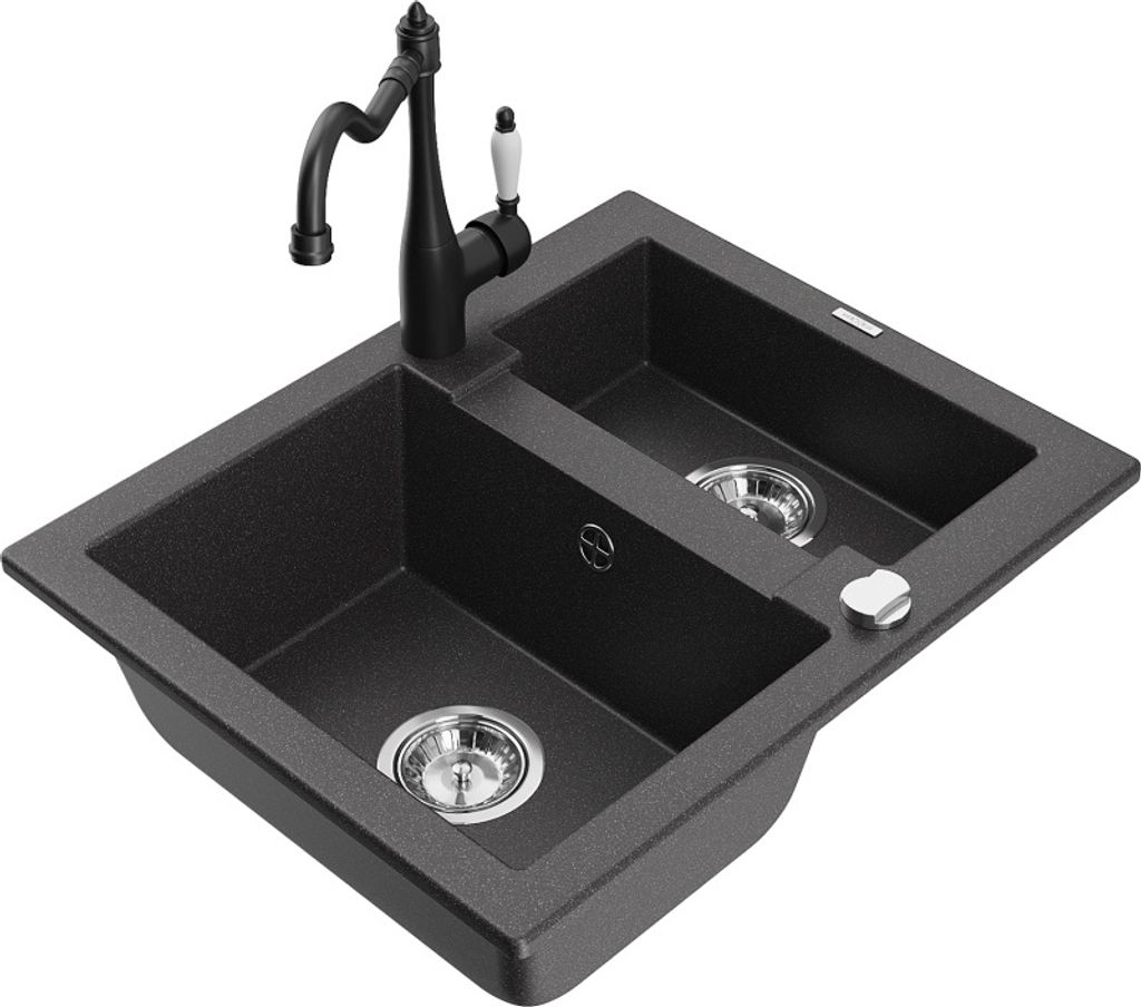 Mexen Carlos 1,5-Becken-Granitspüle mit Mischbatterie Carla, Schwarz gesprenkelt - 6518-76-670700-70