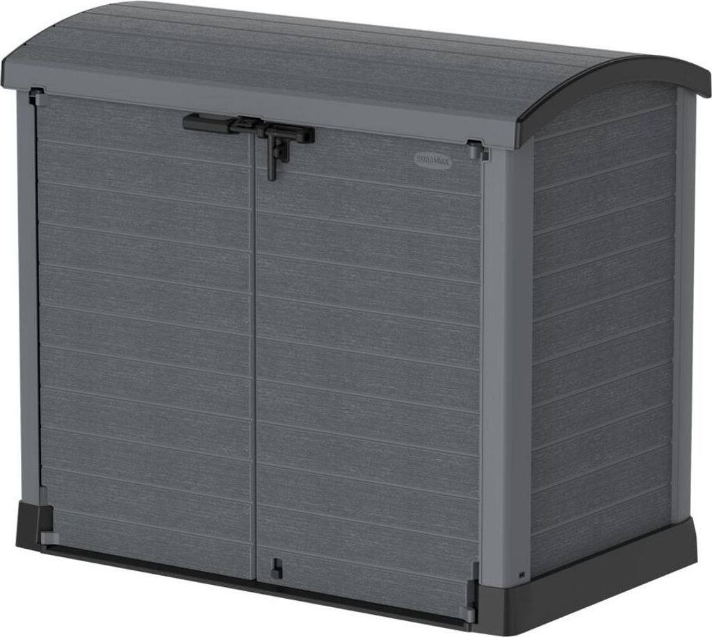A gray plastic storage box with double doors and a curved lid, shown against a white background.