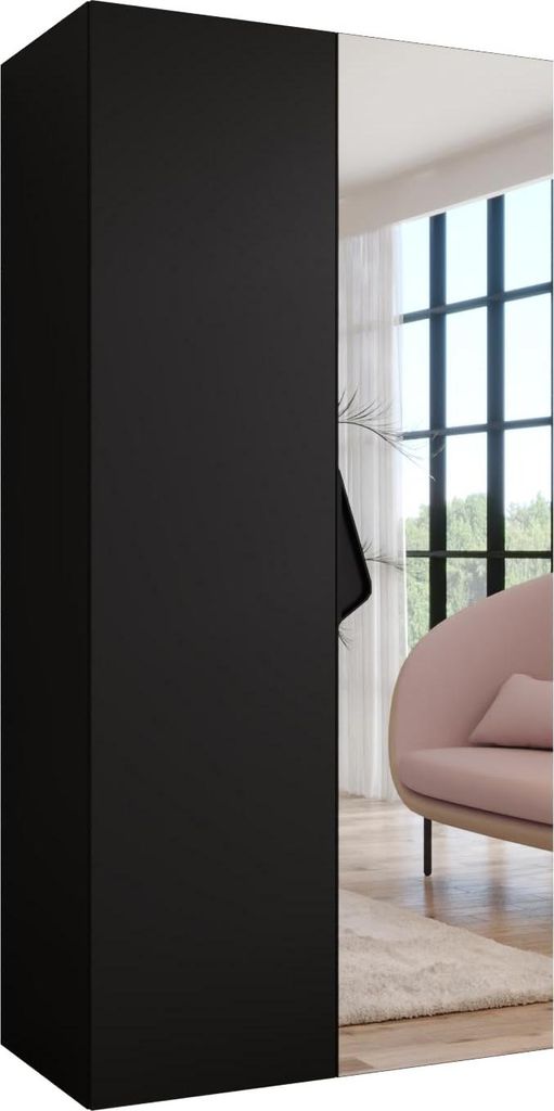 MEBLE KRYSPOL Schrank 100x202x52 cm mit Kleiderstange & Spiegel, 2xTür, SANDI, Schwarz, Griff Schwarz